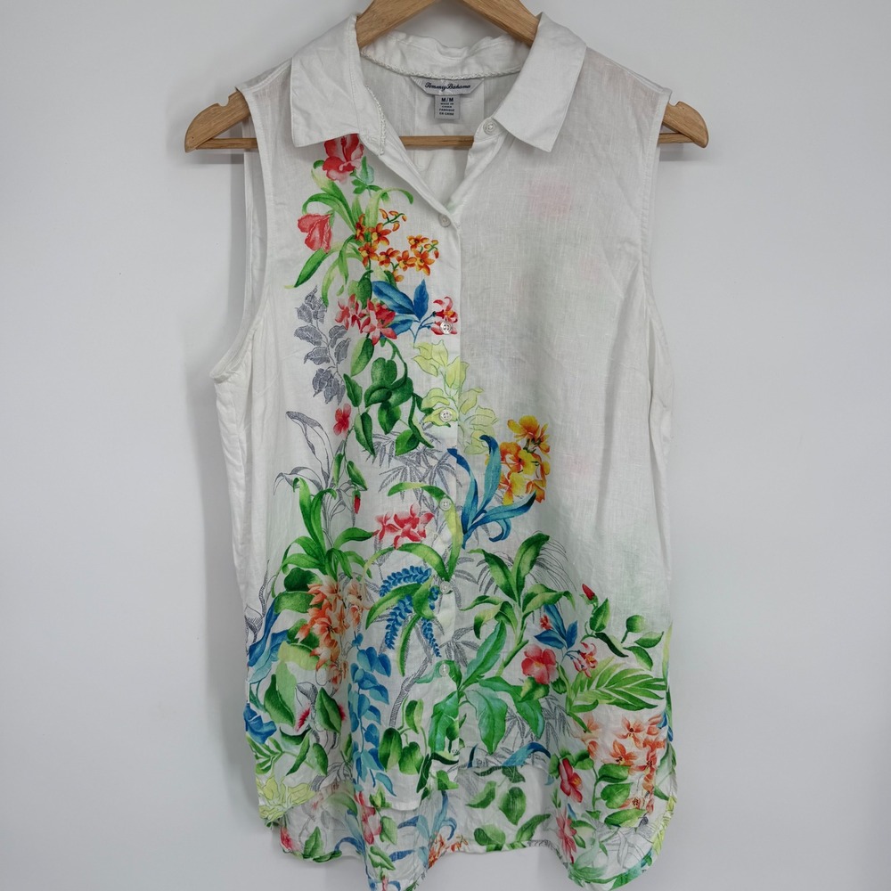 Tommy Bahama Floral Linen Top Women's Medium White Tropical Vacation Cruise